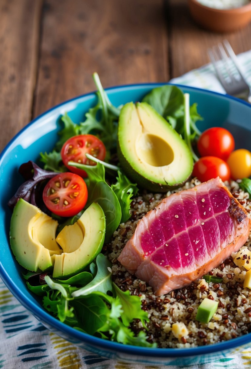 A colorful bowl filled with quinoa, mixed greens, cherry tomatoes, avocado slices, and a perfectly seared tuna steak on top