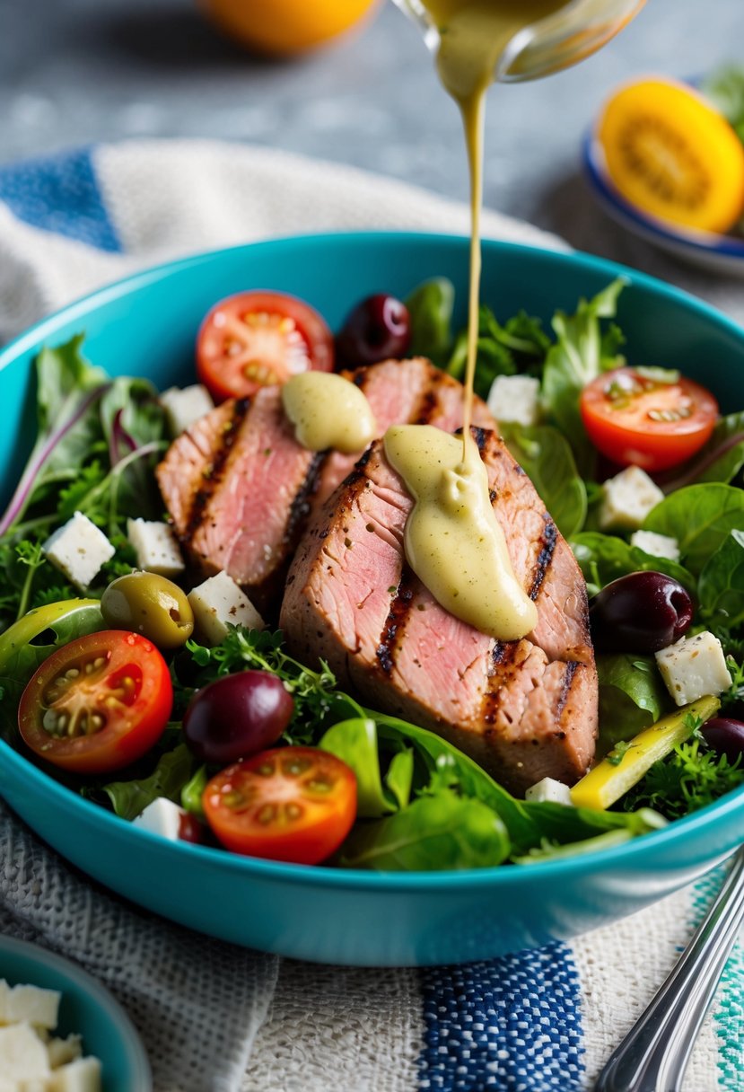 A colorful bowl filled with grilled tuna steak, mixed greens, cherry tomatoes, olives, and feta cheese, drizzled with a tangy Mediterranean dressing