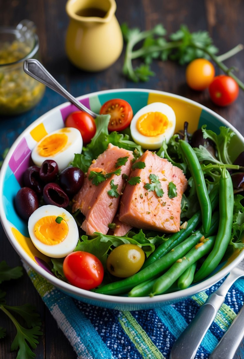 A colorful bowl filled with seared tuna, boiled eggs, green beans, cherry tomatoes, olives, and mixed greens, drizzled with a tangy vinaigrette