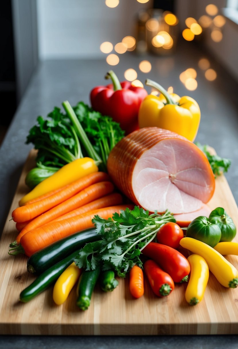 A colorful array of fresh vegetables and lean ham arranged on a clean, wooden cutting board