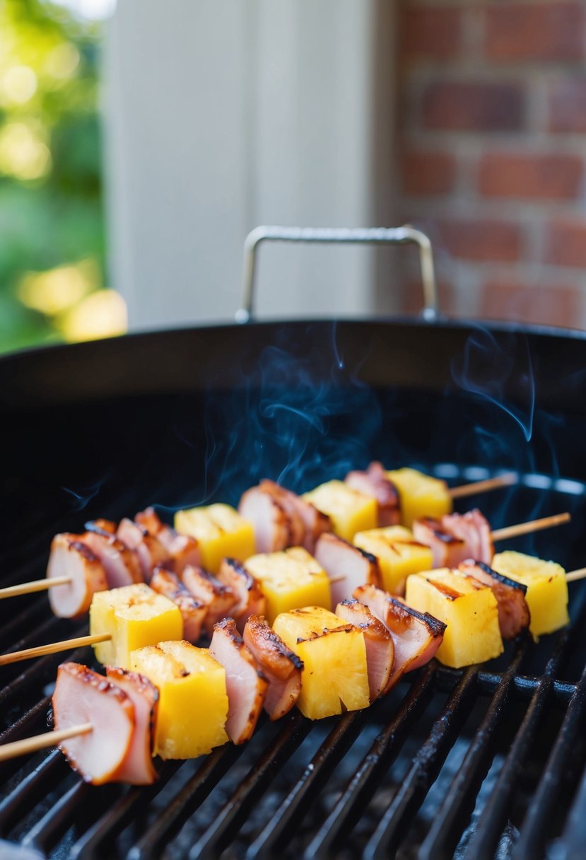 Grilled ham and pineapple skewers sizzling on a barbecue grill