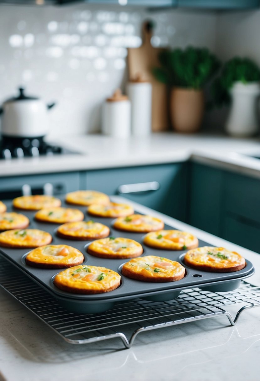 A kitchen counter with a tray of freshly baked ham and vegetable egg muffins cooling on a wire rack