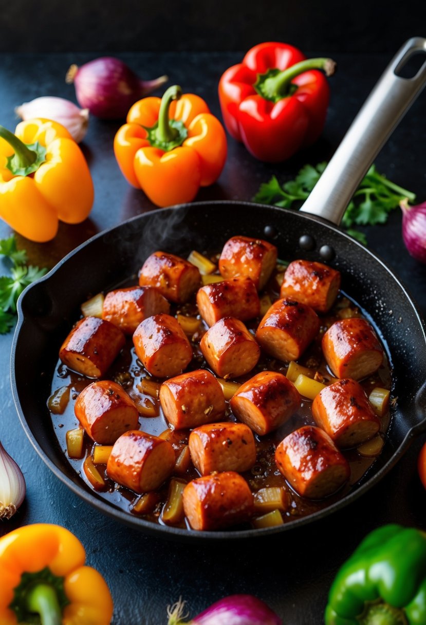 A sizzling skillet of kielbasa cooking in a sweet and sour glaze, surrounded by colorful peppers and onions