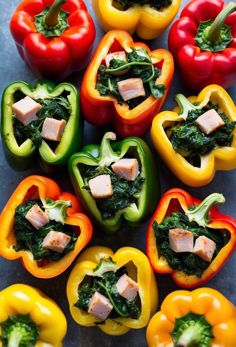 A colorful array of bell peppers, split open and filled with a mixture of spinach and ham, ready to be baked to perfection