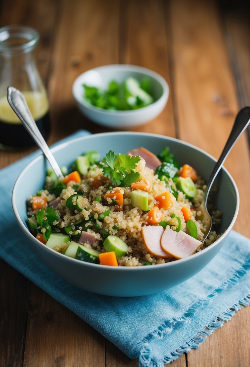 A bowl of quinoa and ham salad with fresh vegetables and a light vinaigrette dressing, served on a wooden table