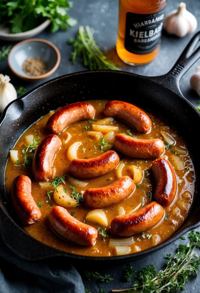 A cast iron skillet simmering with kielbasa sausages, onions, and garlic in a rich beer sauce, surrounded by herbs and spices