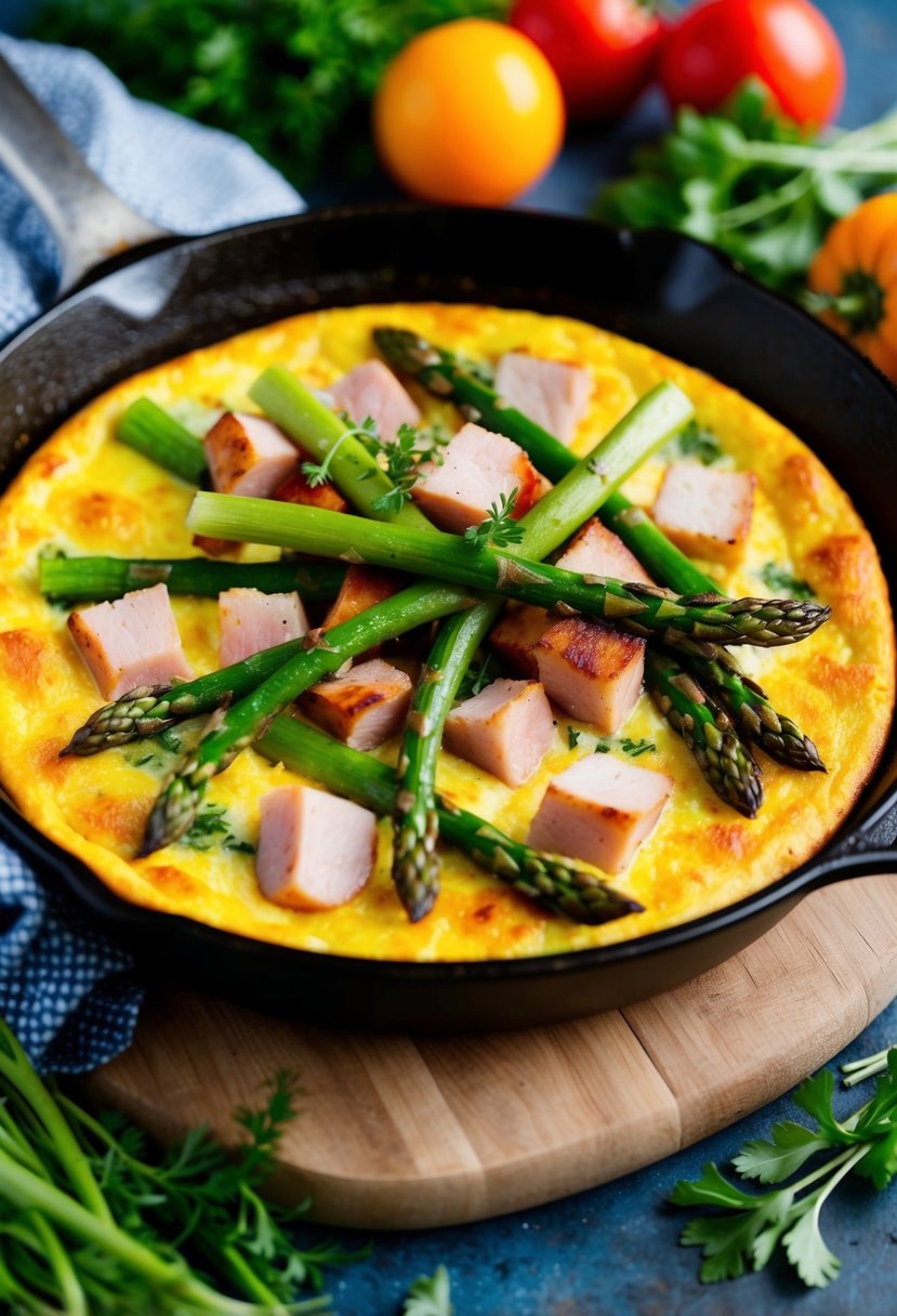 A sizzling frittata in a cast iron skillet, filled with chunks of ham and vibrant green asparagus, surrounded by colorful vegetables and fresh herbs