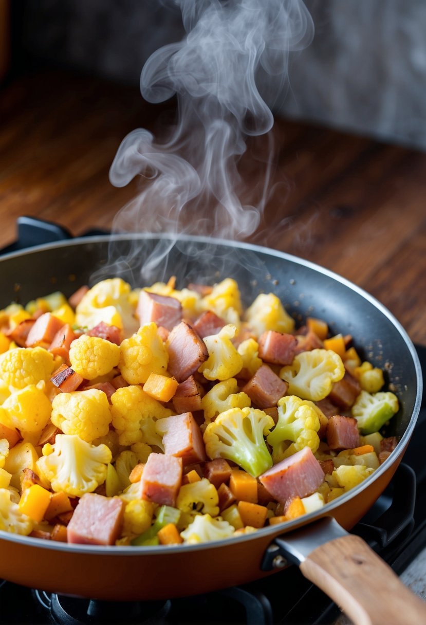 A sizzling skillet holds a colorful mix of diced cauliflower and ham, steam rising from the golden-brown hash