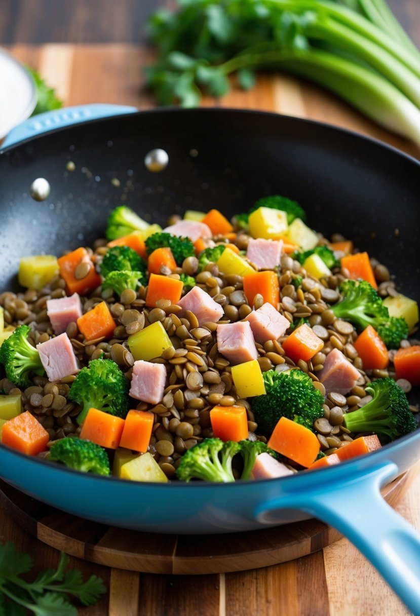 A sizzling skillet with lentils, diced ham, and a colorful array of fresh vegetables being tossed together in a stir-fry