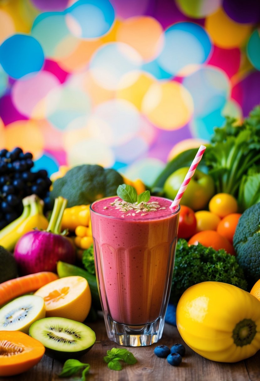 A colorful array of fresh fruits and vegetables, a blender, and a glass filled with a vibrant smoothie