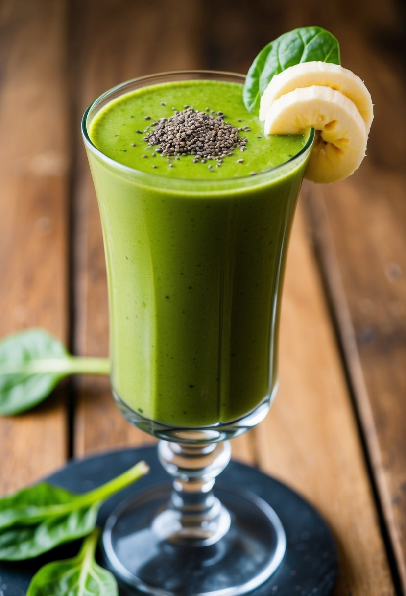 A tall glass filled with a vibrant green spinach and banana smoothie, topped with a sprinkle of chia seeds and a sliced banana for garnish