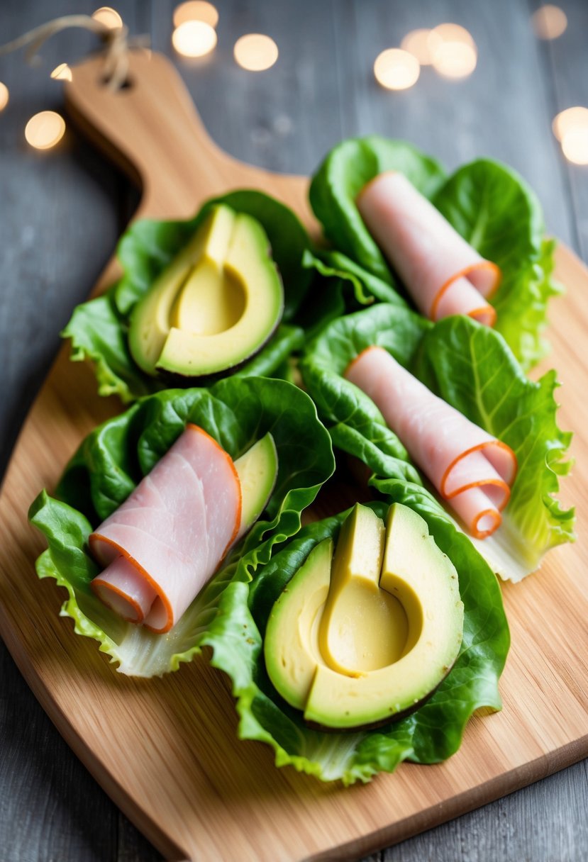 Fresh green lettuce leaves filled with slices of ham and creamy avocado, arranged on a wooden cutting board