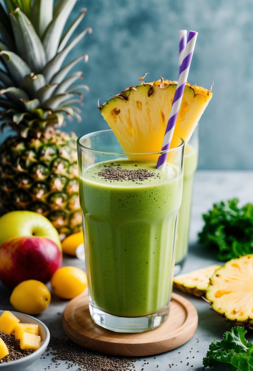 A glass filled with a vibrant green kale and pineapple protein shake surrounded by fresh fruit and a scattering of chia seeds