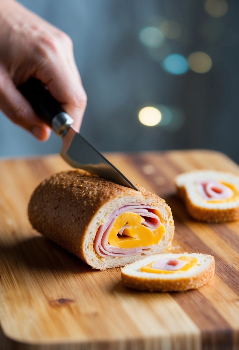 A whole wheat ham and cheese roll-up being sliced into bite-sized pieces on a wooden cutting board