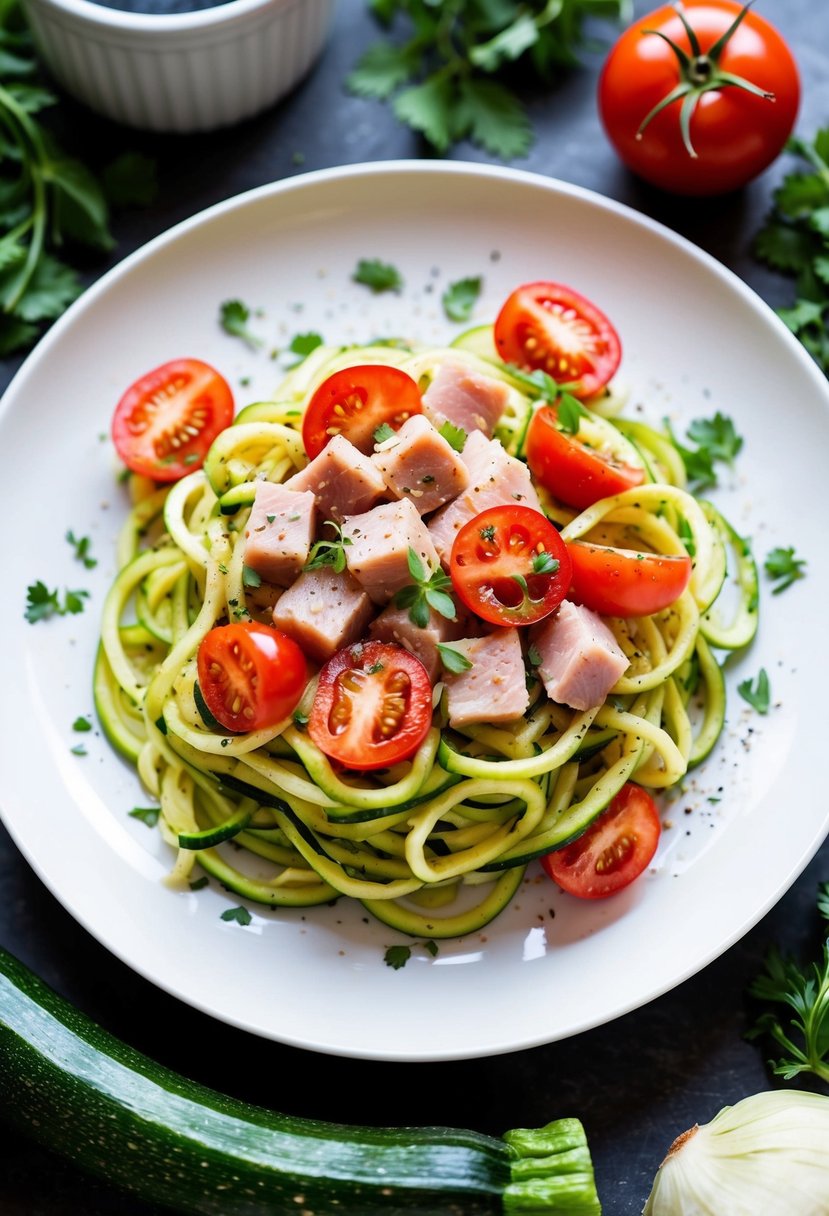 A plate of zucchini noodles topped with diced ham and sliced tomatoes, surrounded by fresh herbs and seasonings