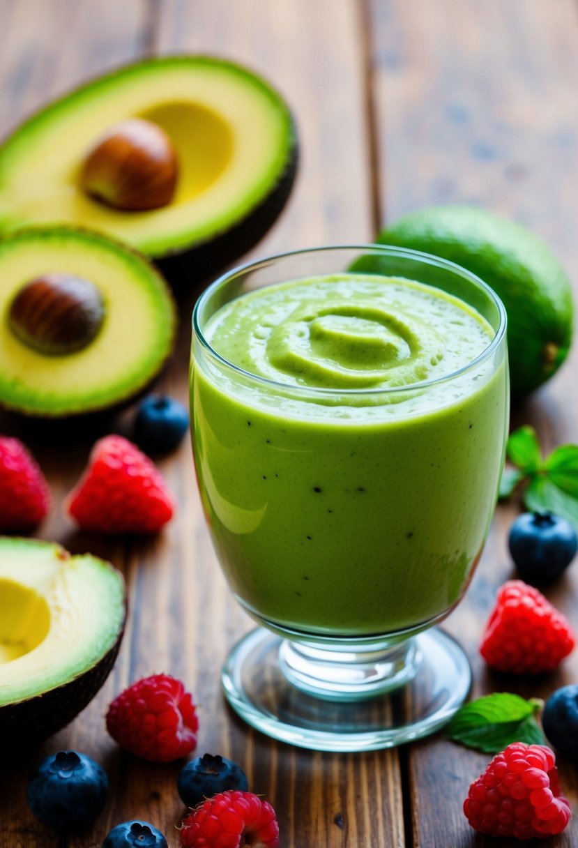 A glass filled with a vibrant green avocado smoothie surrounded by a variety of fresh berries and avocado slices on a wooden table