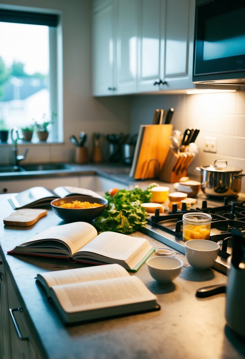 A cluttered kitchen counter with open cookbooks, scattered ingredients, and cooking utensils