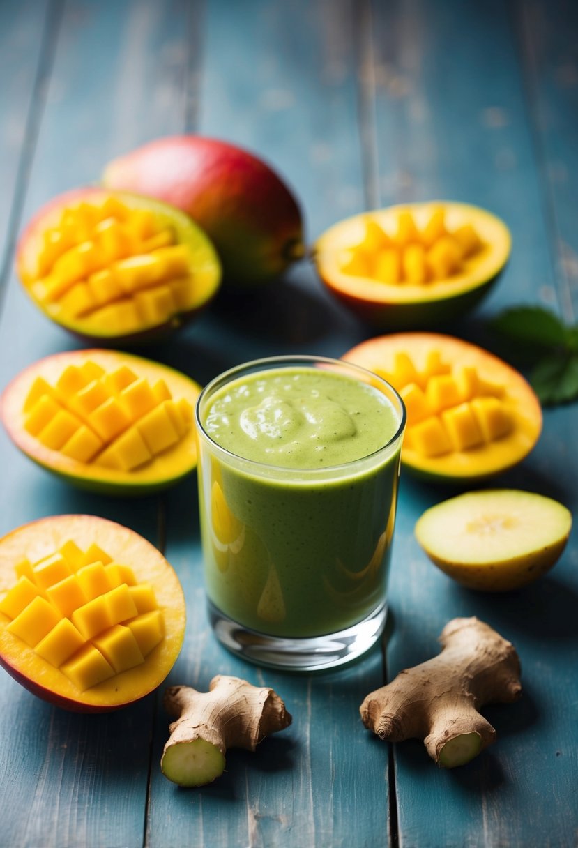 A glass of mango and ginger green smoothie surrounded by fresh mango slices and ginger root