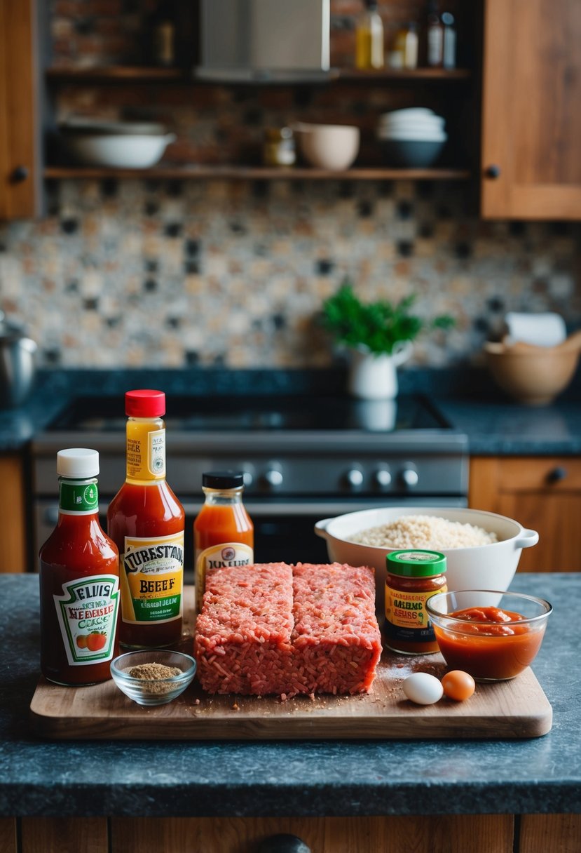 A rustic kitchen counter with ingredients for meatloaf: ground beef, breadcrumbs, eggs, ketchup, Worcestershire sauce, and seasonings