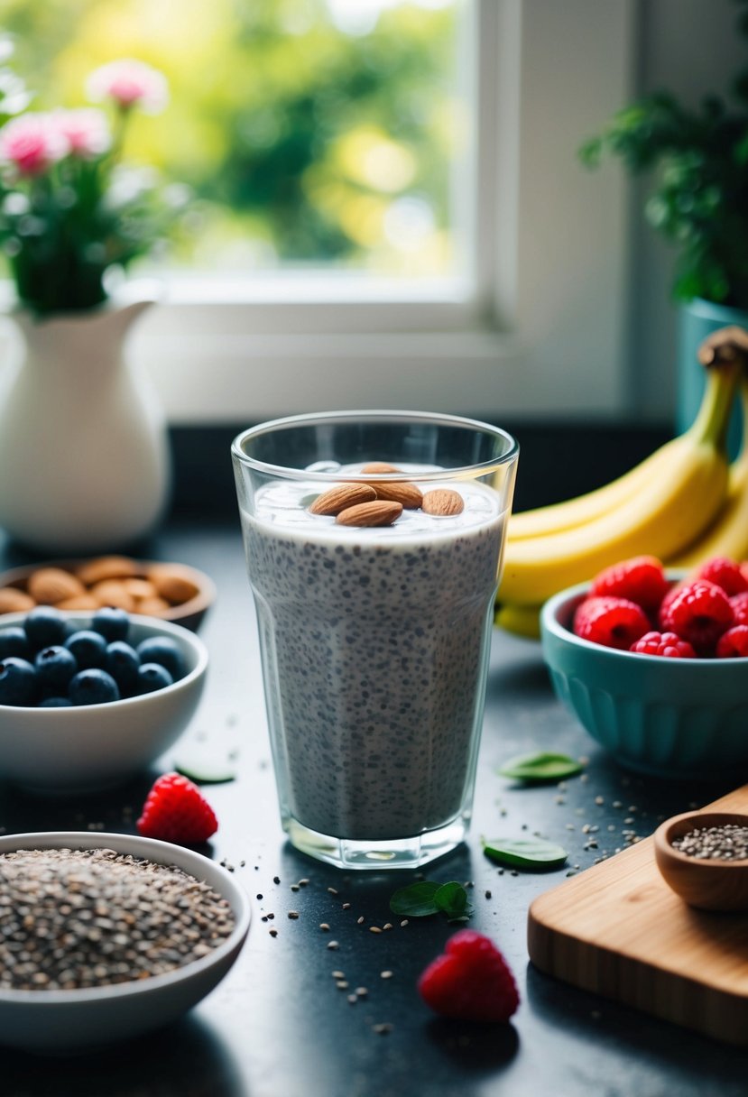 A glass filled with chia seed and almond milk mix, surrounded by fresh ingredients like berries and bananas on a kitchen counter