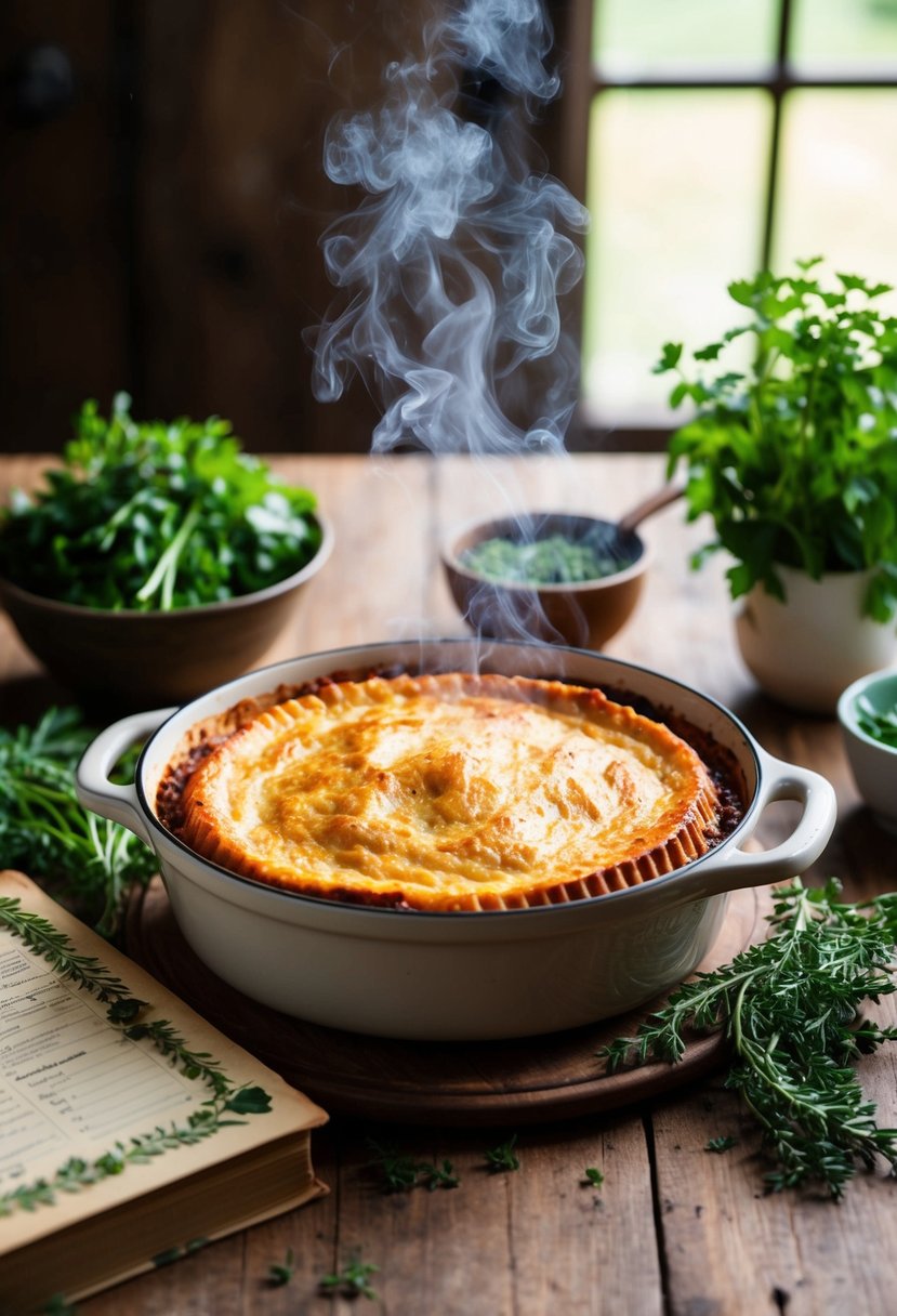 A rustic kitchen table with a steaming, golden-brown Shepherd's Pie in a ceramic dish, surrounded by fresh herbs and a vintage recipe book