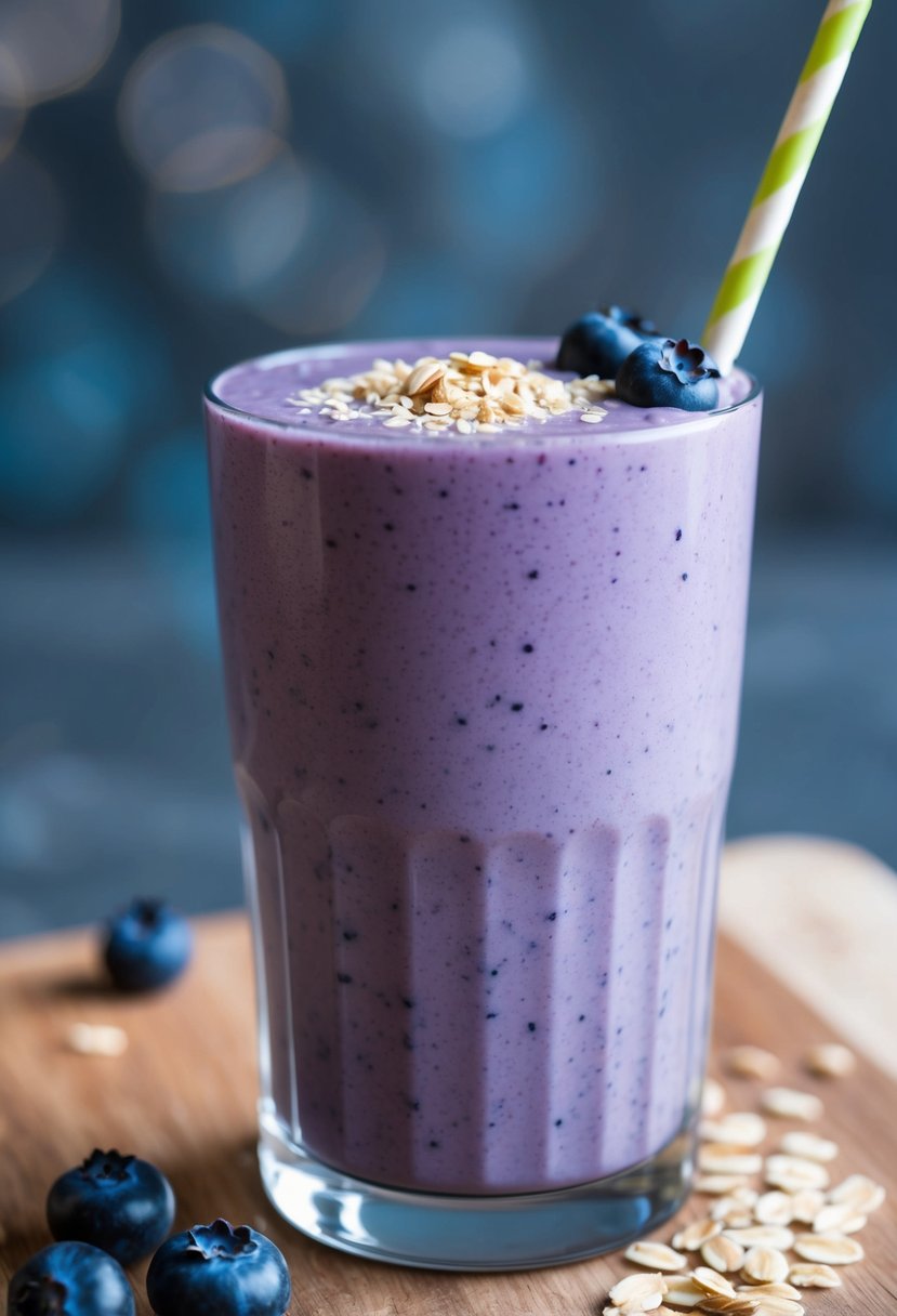 A tall glass filled with a thick, creamy blueberry and oat smoothie, topped with a sprinkle of oats and a few fresh blueberries