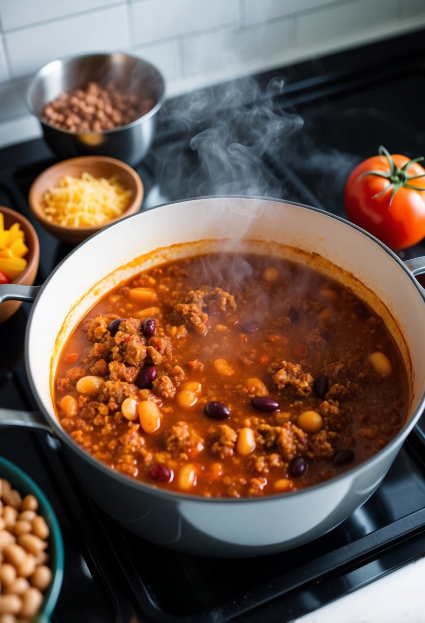 A steaming pot of spicy chili simmers on a stovetop, surrounded by various ingredients like beans, tomatoes, and ground beef