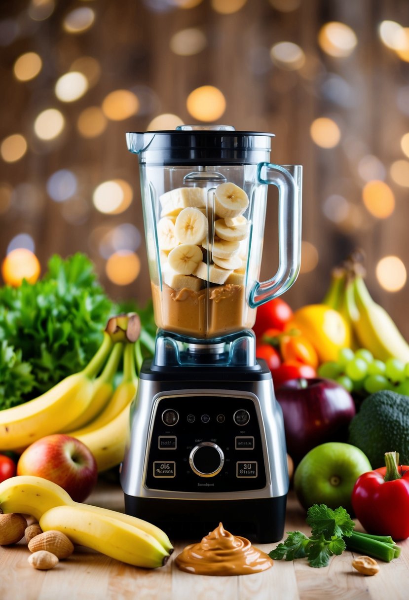 A blender filled with bananas and peanut butter, surrounded by fresh fruits and vegetables