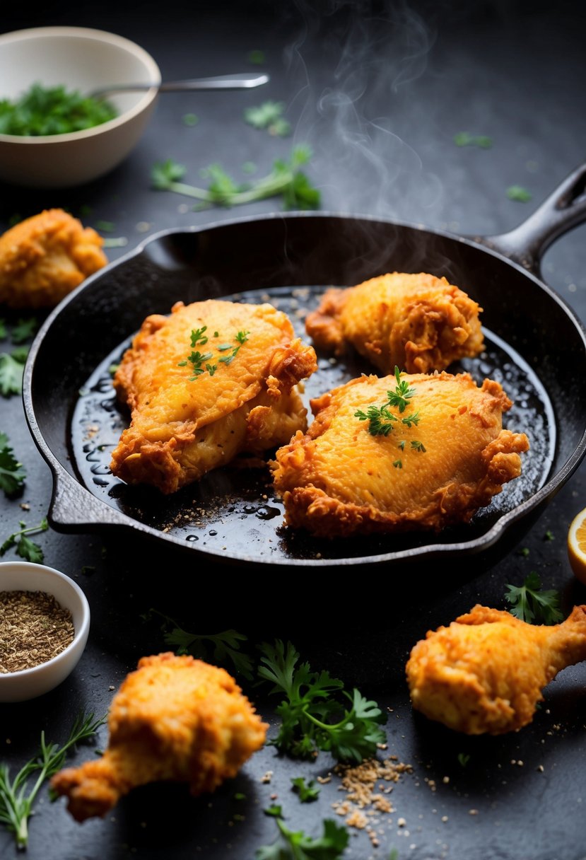 A cast iron skillet sizzles with golden brown fried chicken, surrounded by a scattering of fresh herbs and spices