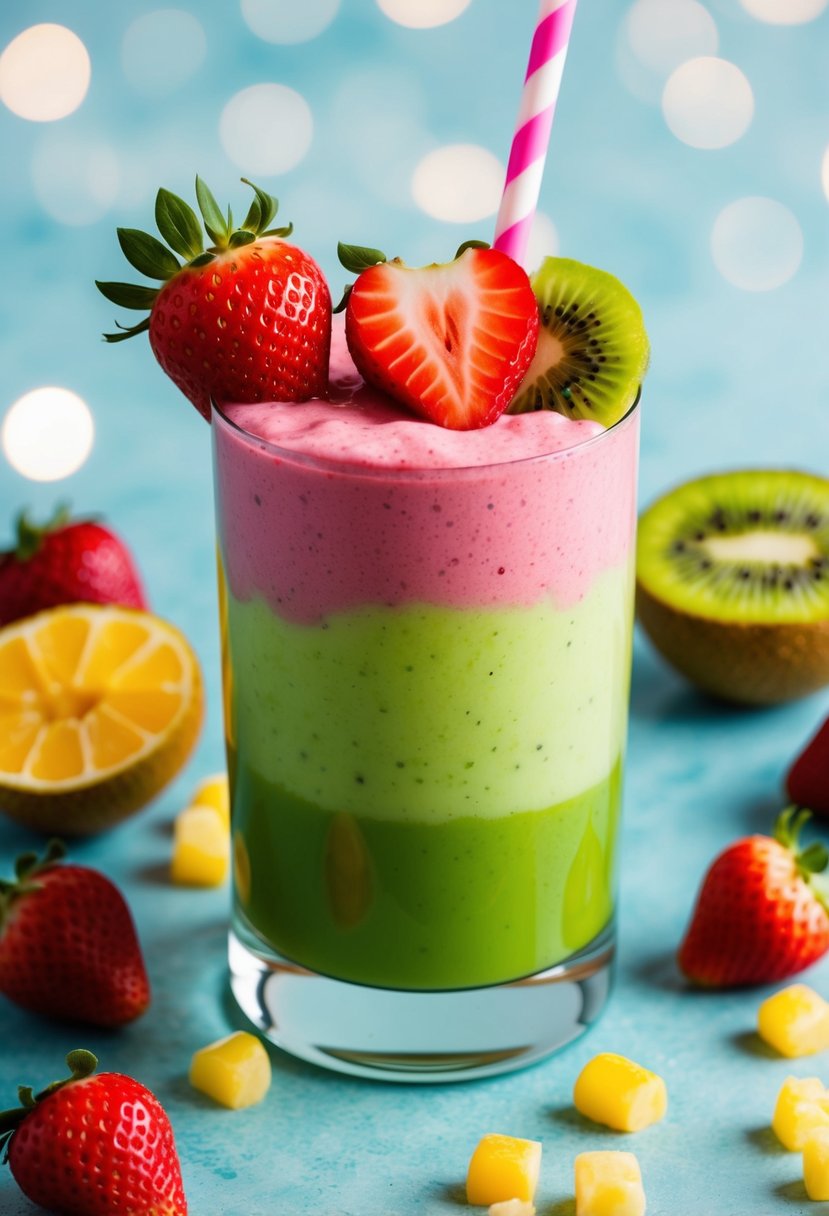 A glass filled with a vibrant pink and green layered smoothie, topped with fresh strawberry and kiwi slices, surrounded by scattered fruit pieces