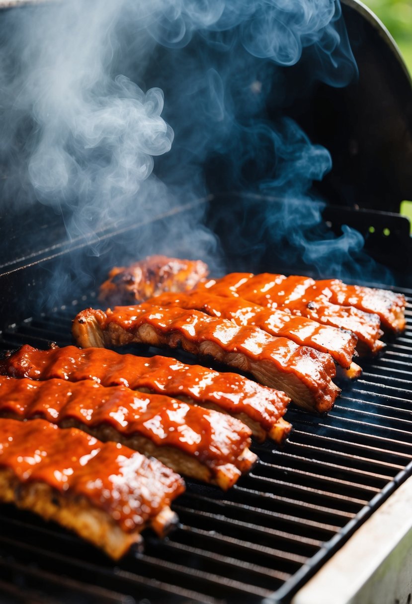 A sizzling grill with racks of succulent ribs coated in Ken's famous BBQ sauce. Smoke billows up as the meat cooks to perfection