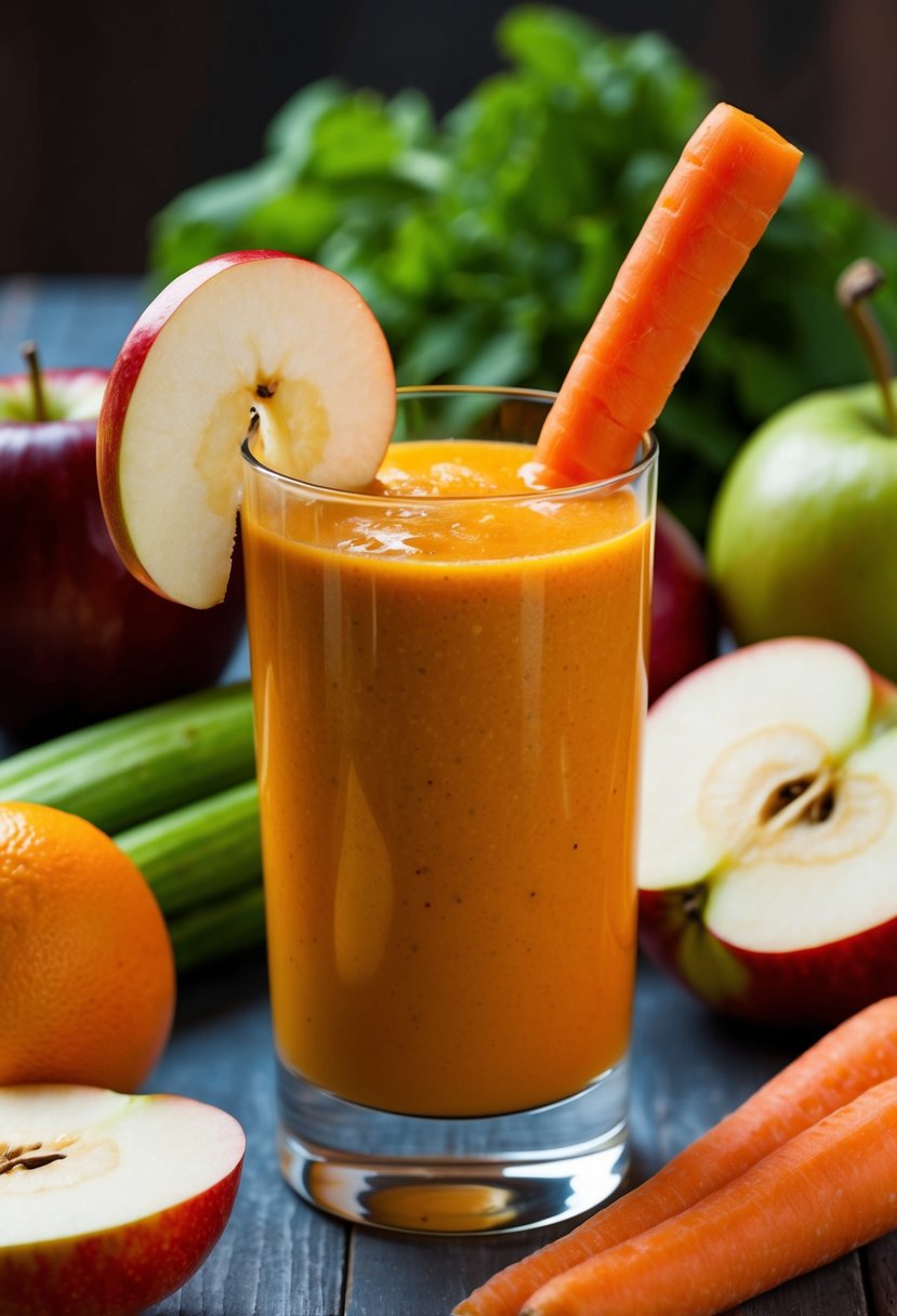 A glass filled with a vibrant orange smoothie, topped with a slice of apple and a carrot stick, surrounded by fresh fruits and vegetables