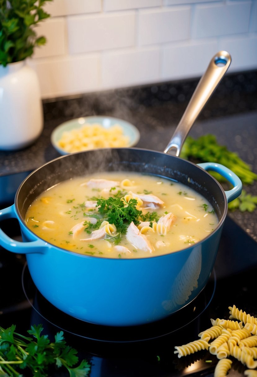 A pot of creamy chicken soup simmering on a stove, with pasta and fresh herbs scattered on the countertop