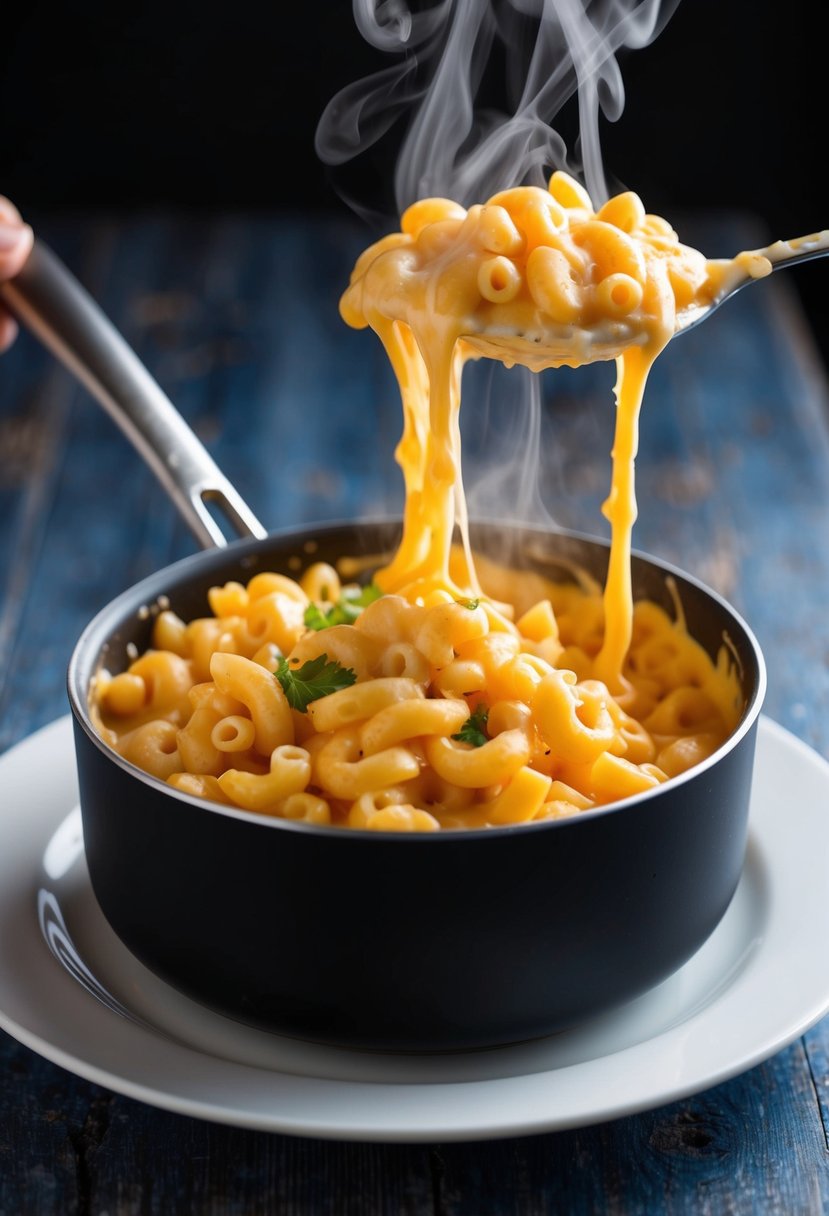 A bubbling pot of creamy mac and cheese, with steam rising and gooey cheese stretching as it's scooped onto a plate