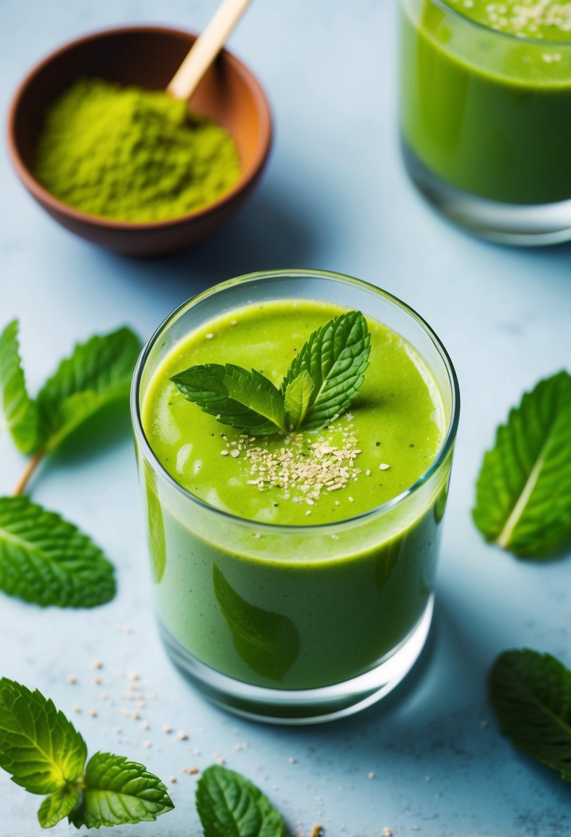 A glass filled with a vibrant green smoothie surrounded by fresh mint leaves and matcha powder