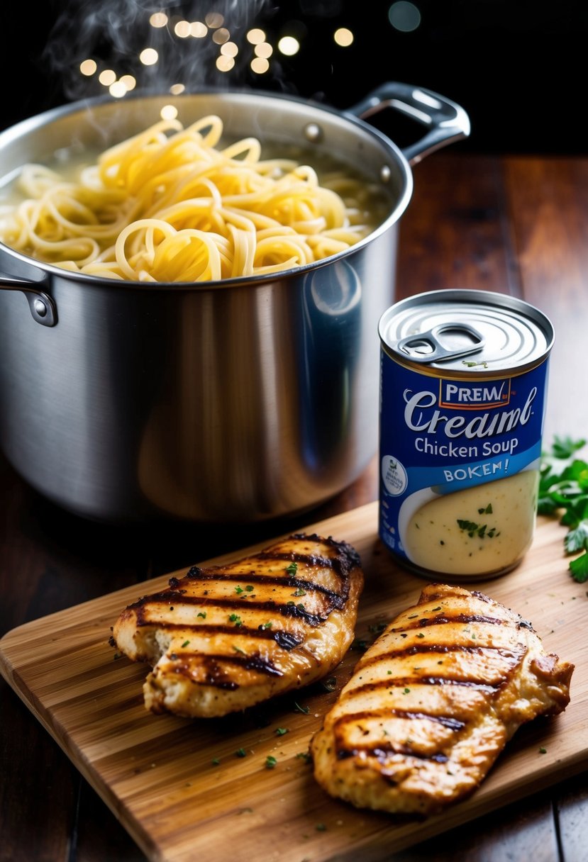 A pot of boiling pasta, a can of cream of chicken soup, and grilled chicken on a cutting board