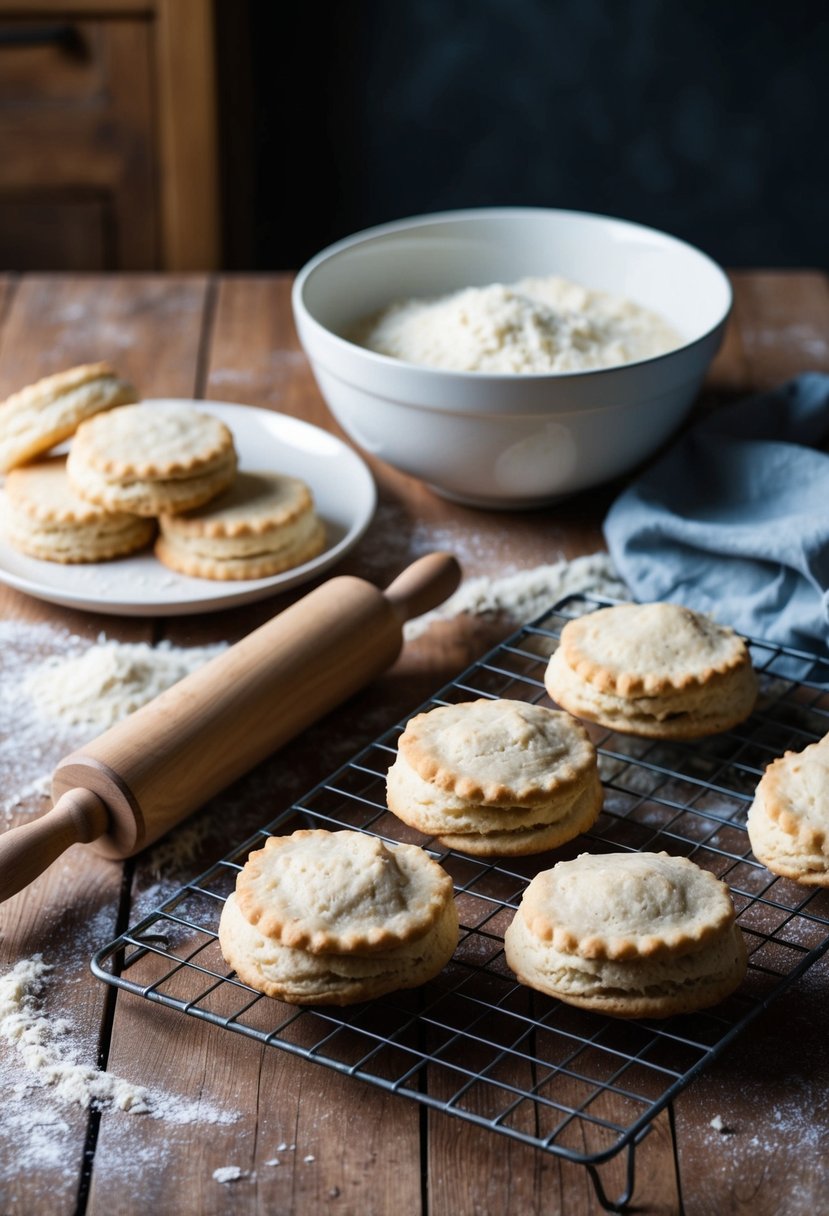 A rustic kitchen scene with a wooden table, flour, rolling pin, and a batch of freshly baked biscuits cooling on a wire rack