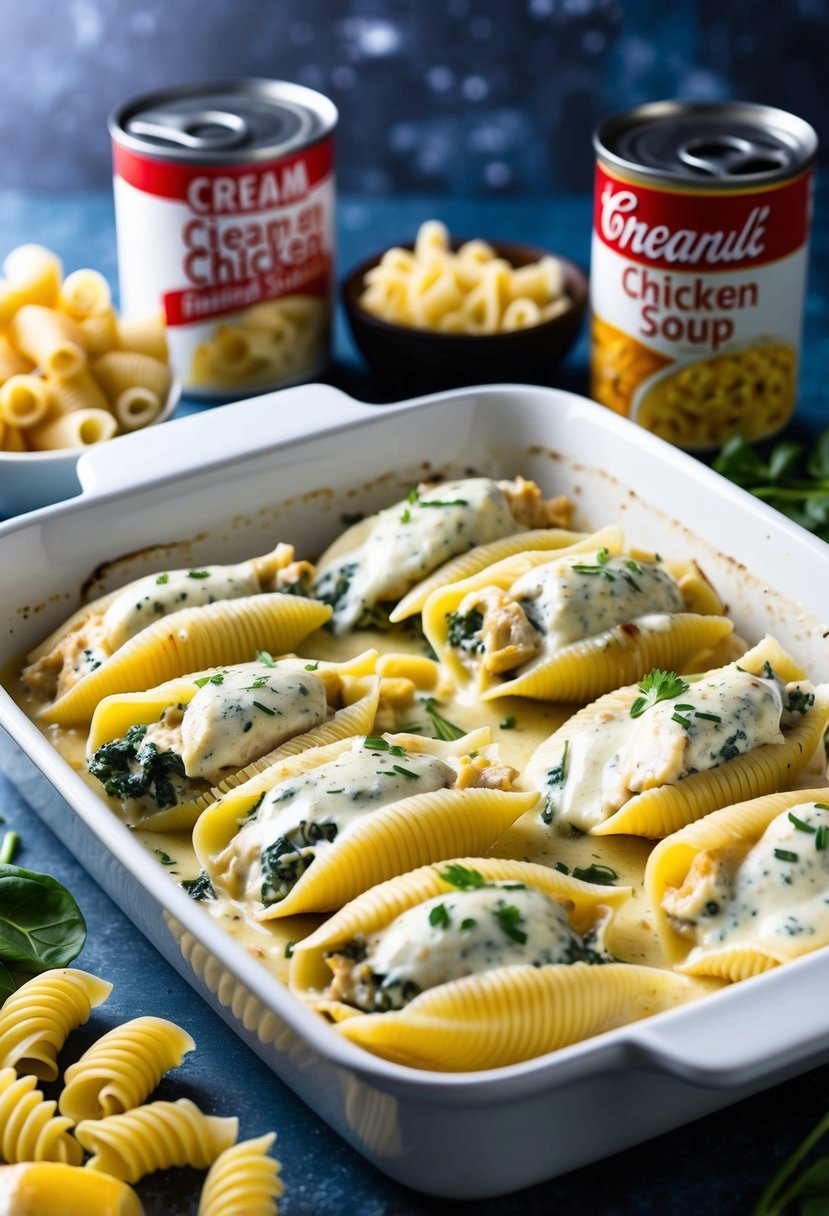 A baking dish filled with creamy chicken and spinach stuffed shells, surrounded by ingredients like pasta and a can of cream of chicken soup