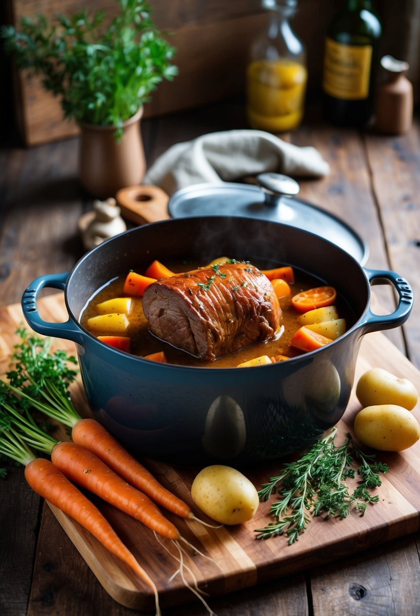 A rustic kitchen with a bubbling pot roast in a vintage Dutch oven, surrounded by carrots, potatoes, and aromatic herbs on a wooden cutting board