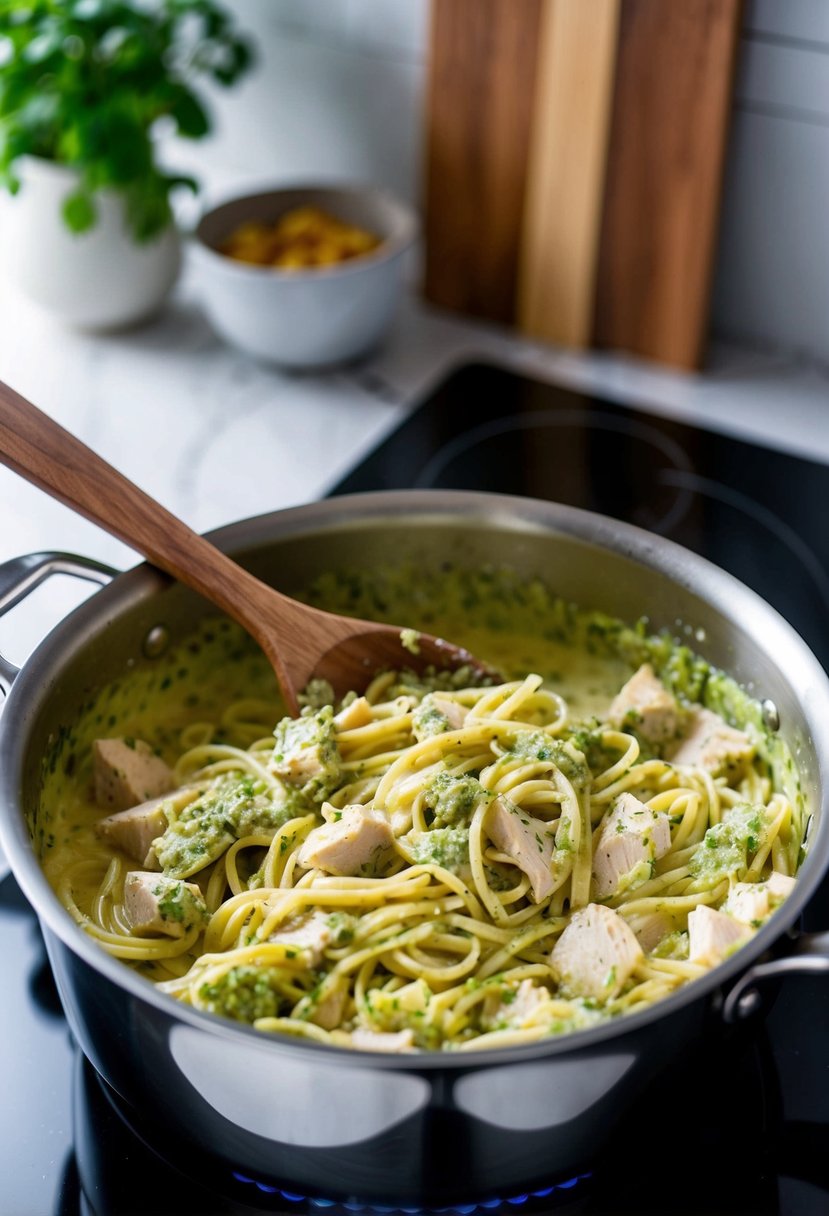 A pot of creamy chicken pesto pasta simmering on the stove, with a wooden spoon resting on the edge