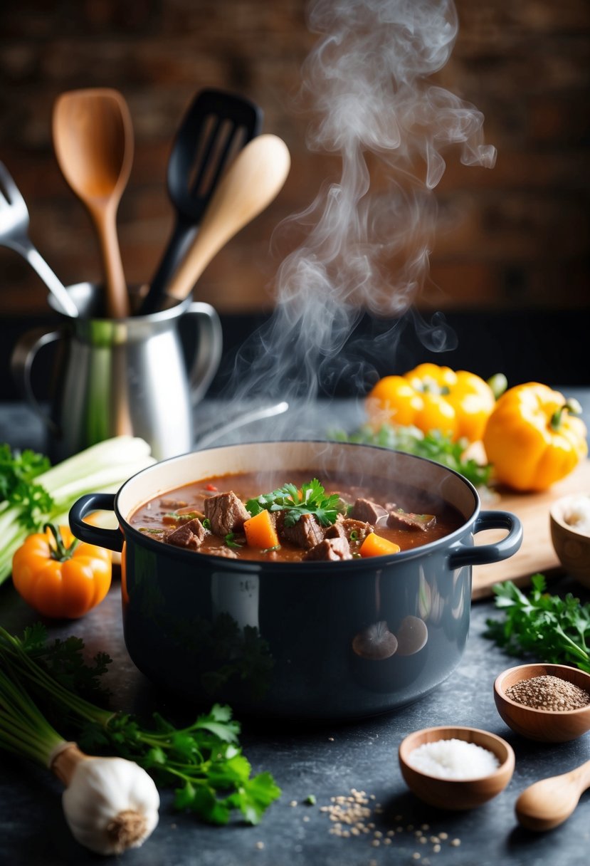 A steaming pot of beef stew surrounded by fresh ingredients and cooking utensils on a rustic kitchen counter