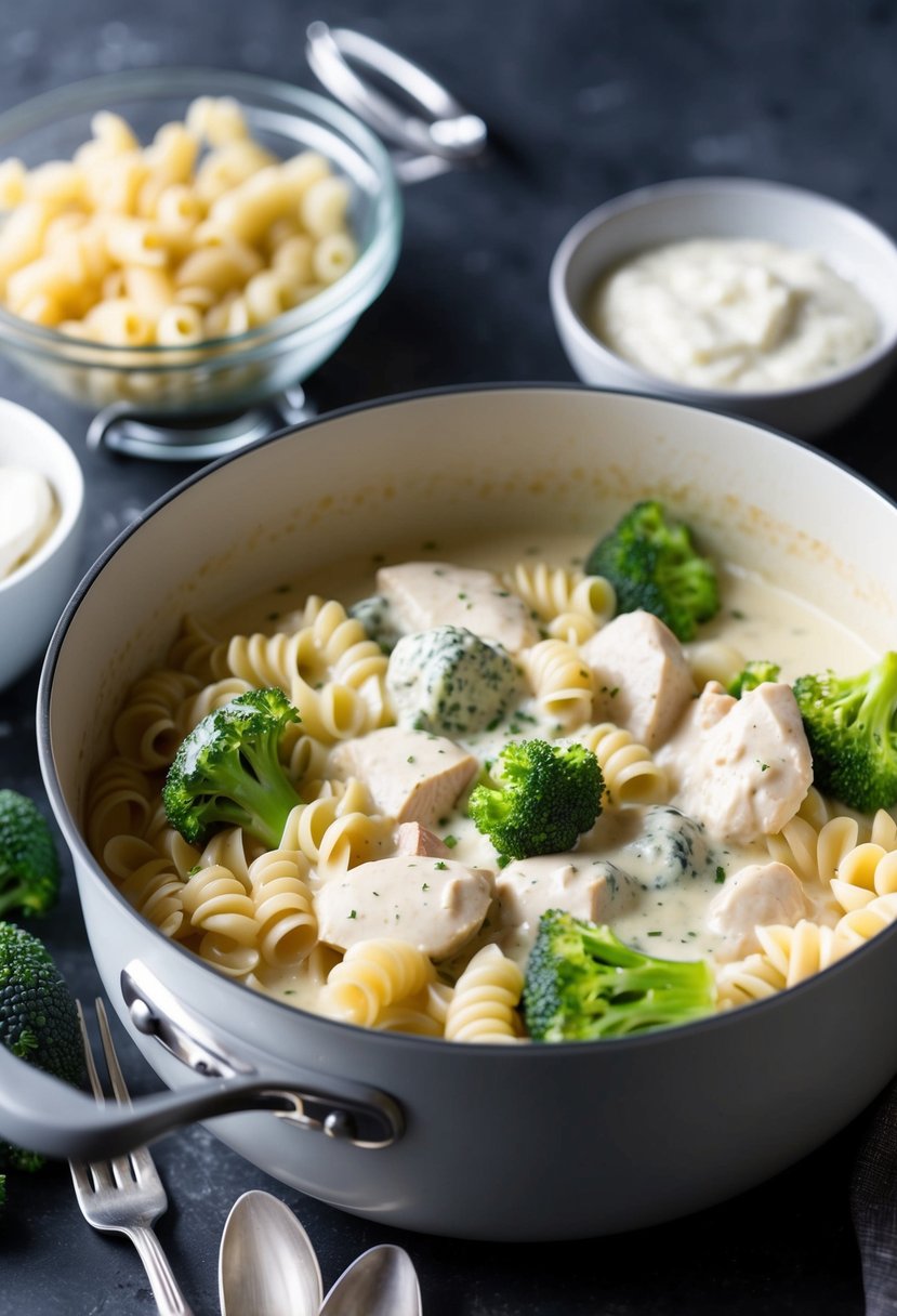 A pot of creamy Alfredo sauce simmers with chicken, broccoli, and pasta. Ingredients like cream of chicken soup sit nearby