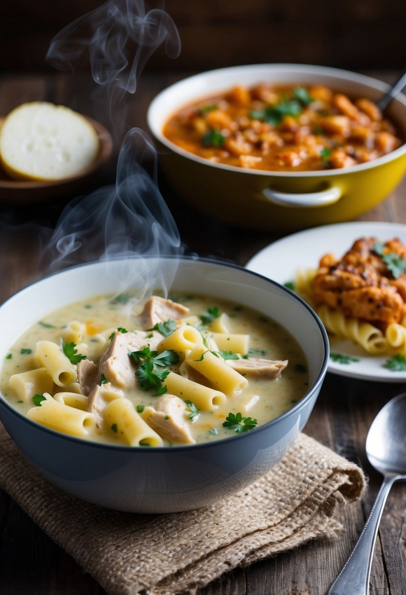 A steaming bowl of creamy chicken soup with pasta, alongside a rich and savory tetrazzini dish, set on a rustic wooden table