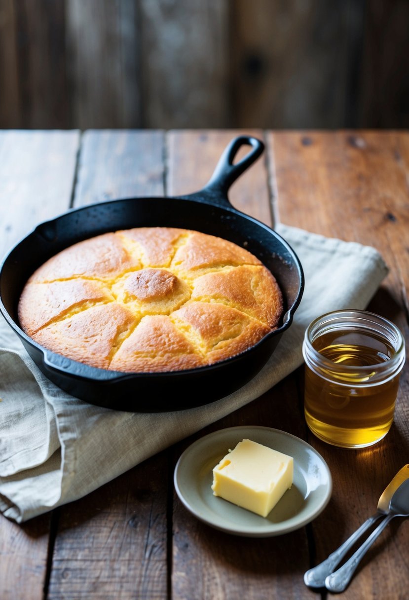 A rustic kitchen table with a cast iron skillet of golden brown cornbread cooling next to a jar of honey and a pat of butter