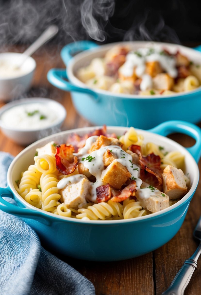 A steaming casserole dish filled with creamy pasta, chunks of chicken, crispy bacon, and a drizzle of ranch dressing