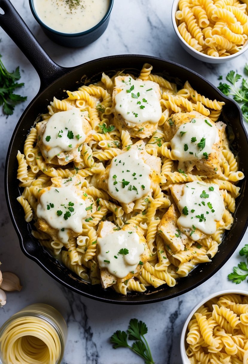 A skillet filled with creamy chicken pasta, topped with melted cheese and herbs, surrounded by ingredients like cream of chicken soup and uncooked pasta