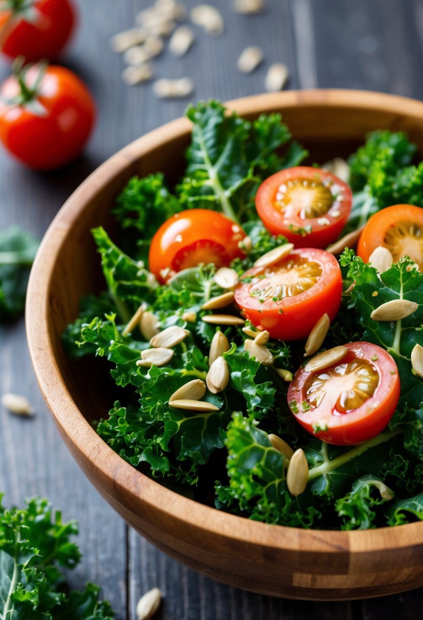 A wooden bowl filled with fresh kale leaves, sliced cherry tomatoes, and a sprinkling of sunflower seeds, all drizzled with a light vinaigrette