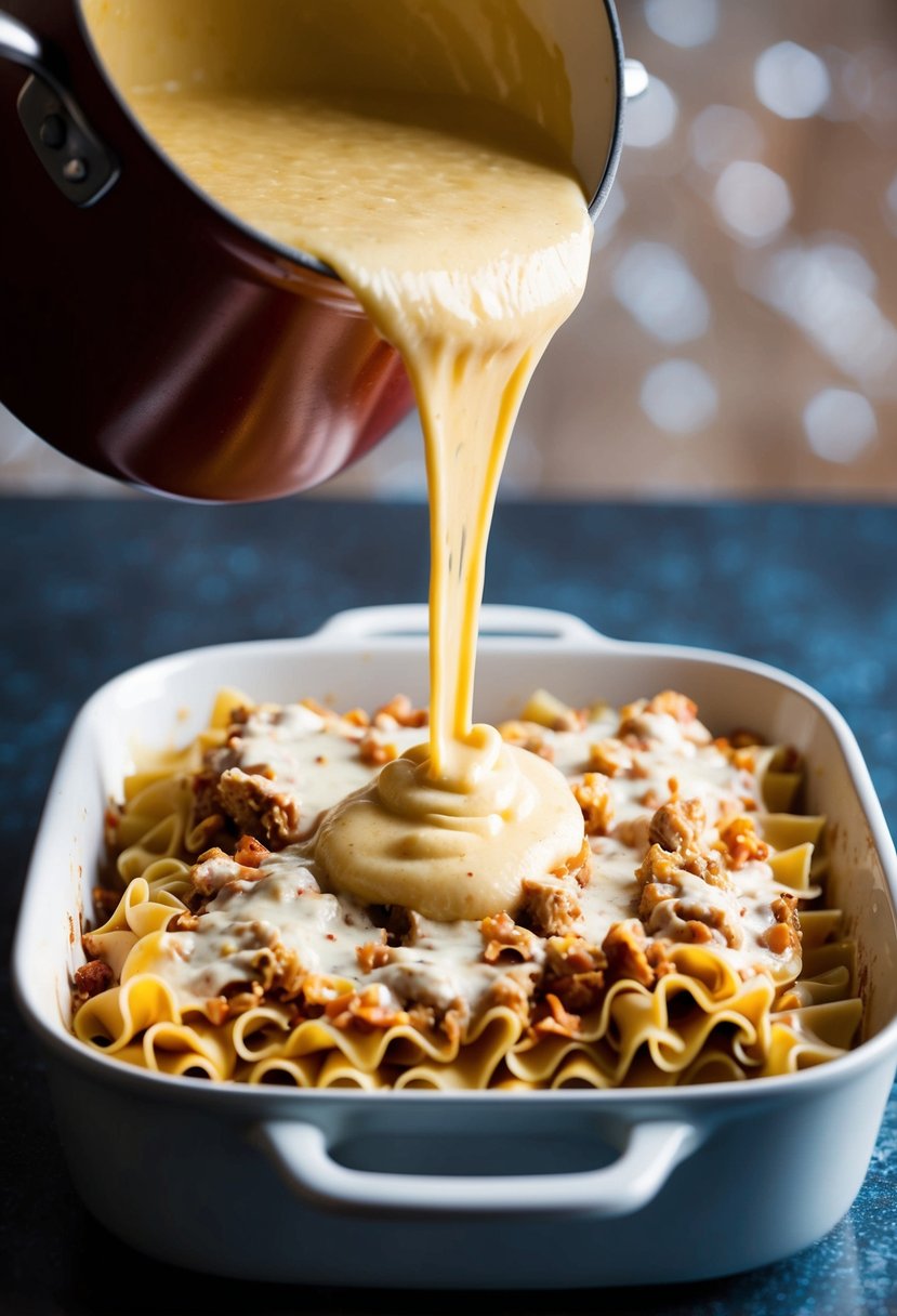 A bubbling pot of creamy chicken sauce being poured over layers of lasagna pasta in a baking dish