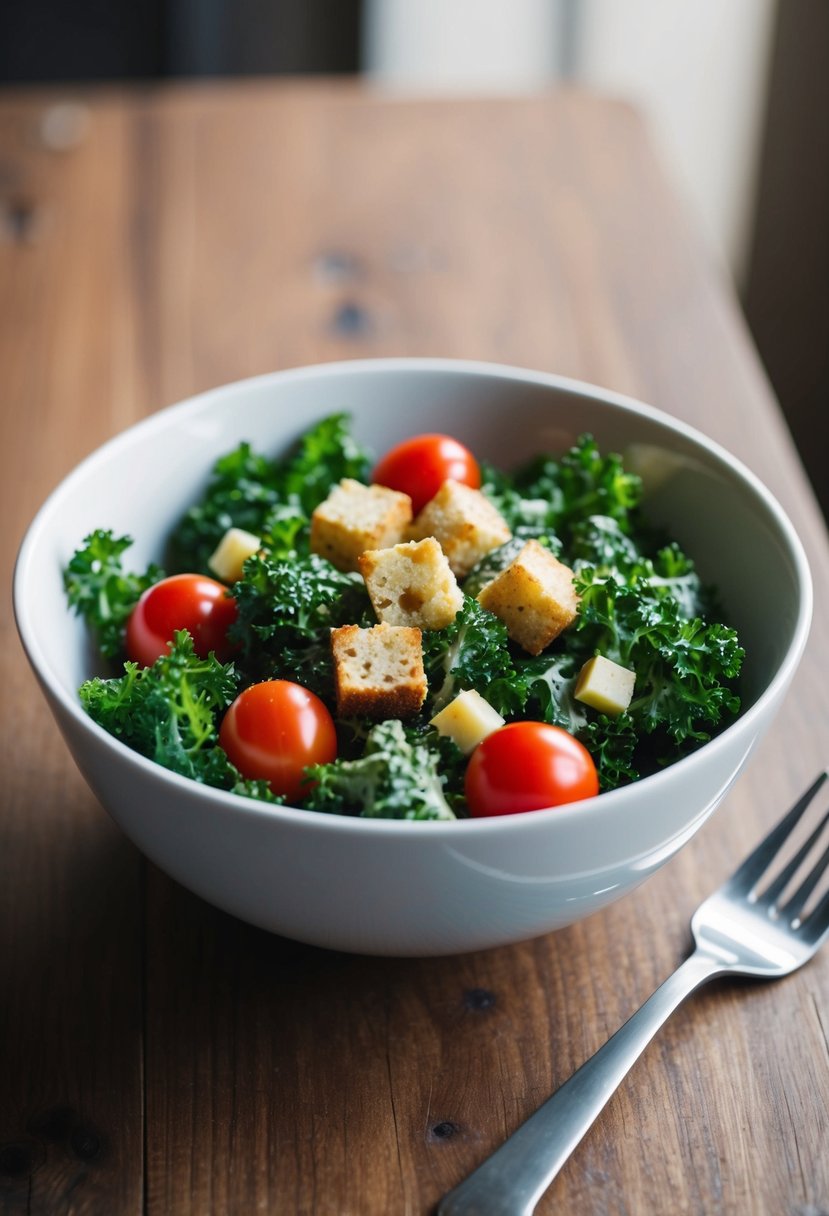 A bowl of kale Caesar salad with cherry tomatoes and croutons on a wooden table