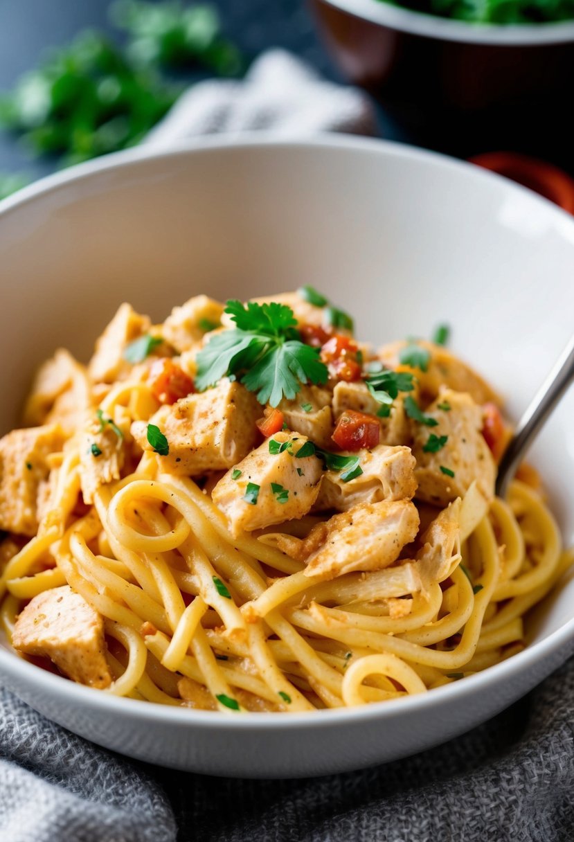 A steaming bowl of creamy Southwest chicken pasta with a spicy kick